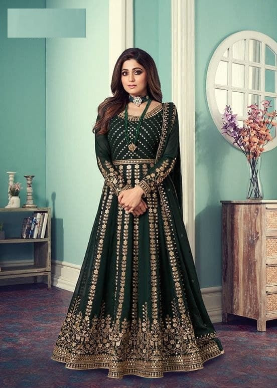 Dark Green Salwar Suit In Heavy Faux Georgette With Multi Thread Work