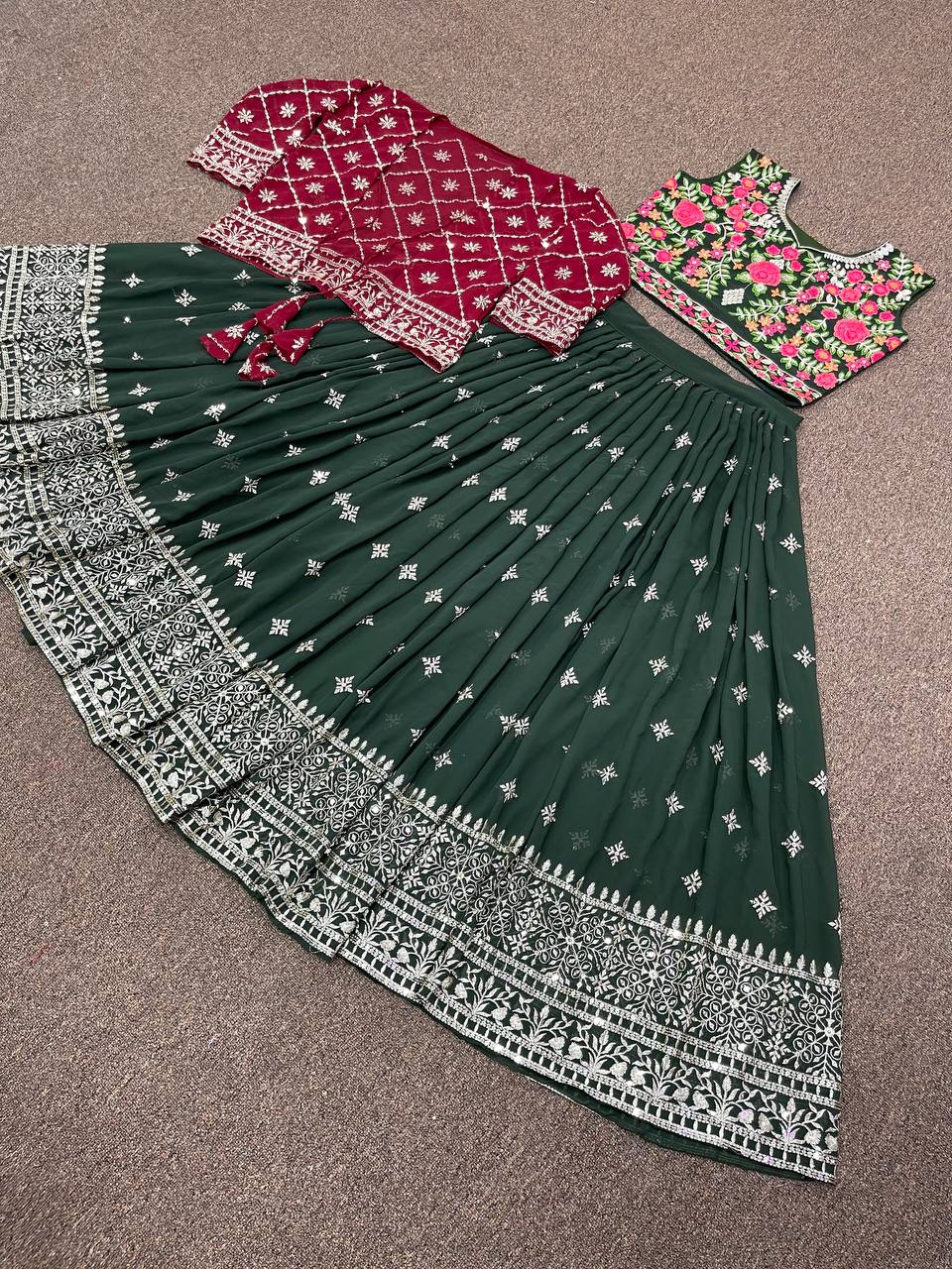 Dark Green Lehenga Choli In Heavy Fox Georgette With 5 MM Sequence Embroidery Work