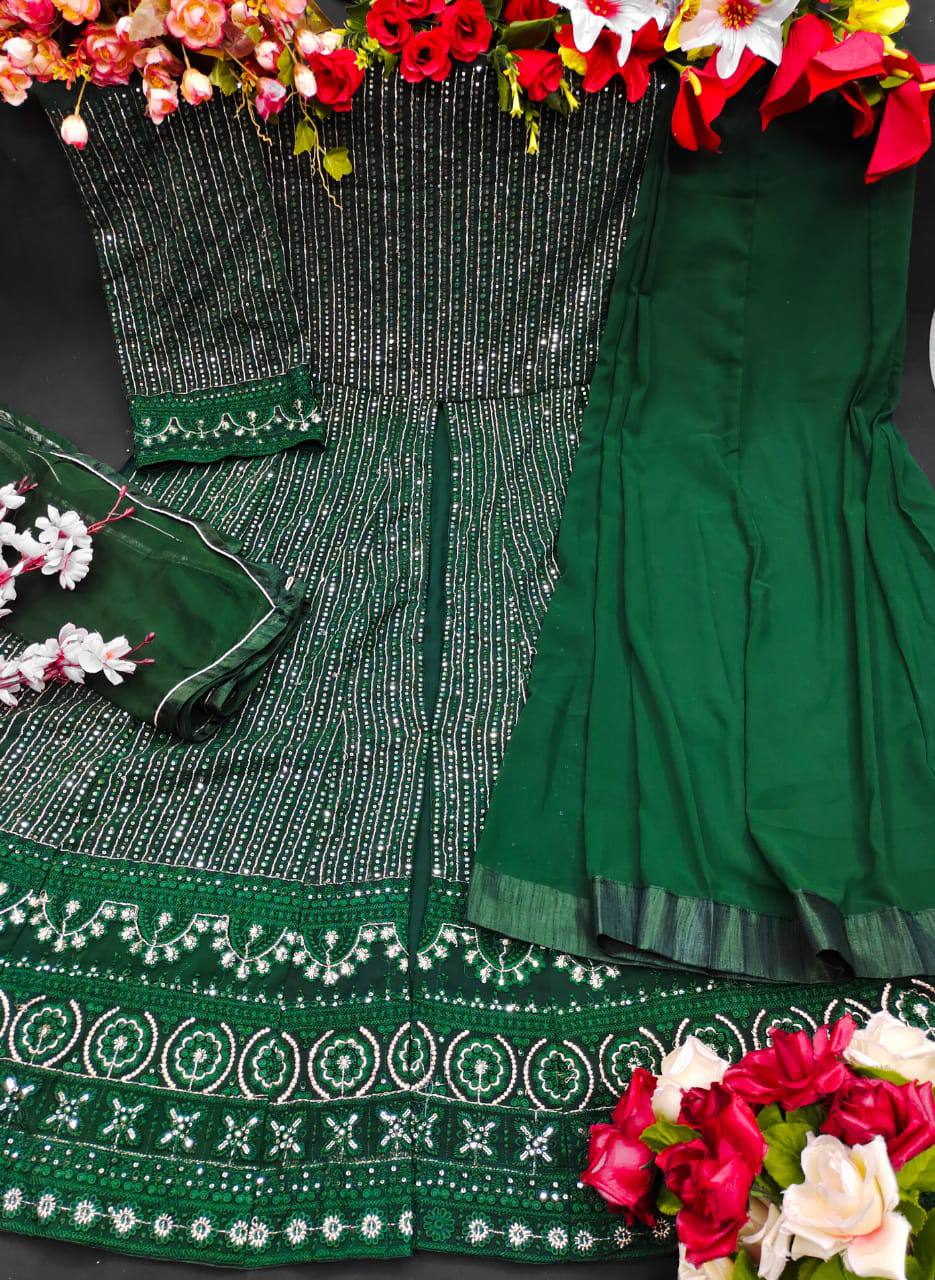 Dark Green Salwar Suit In Heavy Fox Georgette With Chain Stitch Work