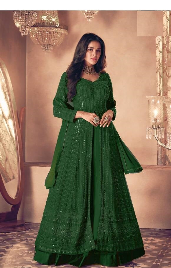 Dark Green Salwar Suit In Heavy Fox Georgette With Chain Stitch Work