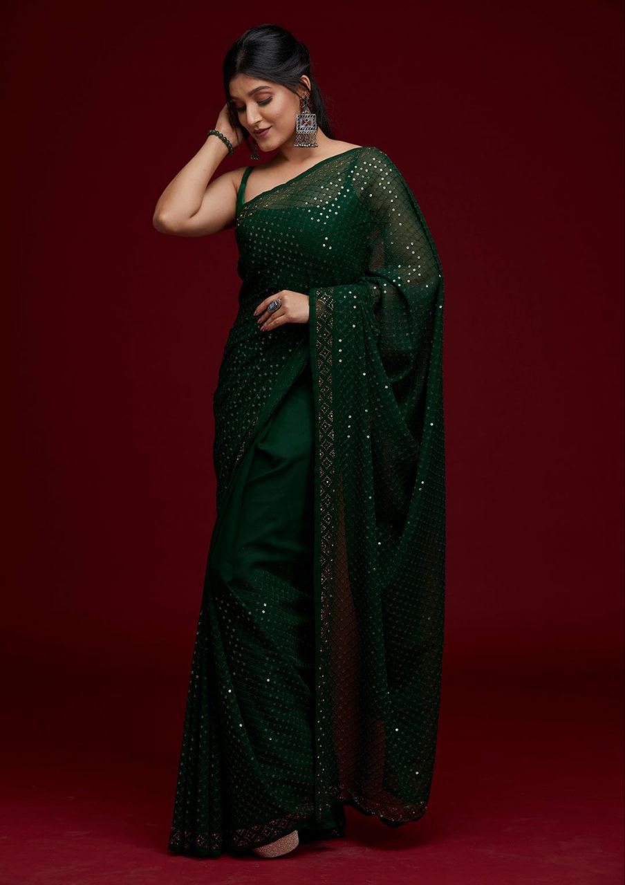 Dark Green Heavy Georgette 7 MM Sequence Work Saree