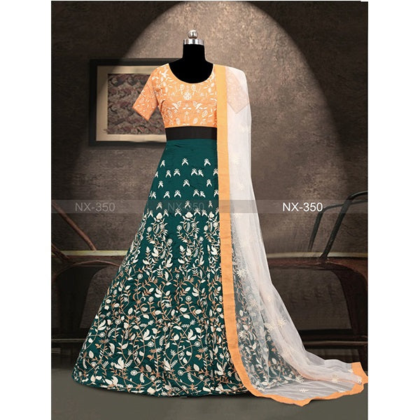 Dark Green Lehenga Choli In Soft Taffeta Silk With Fancy Thread Work