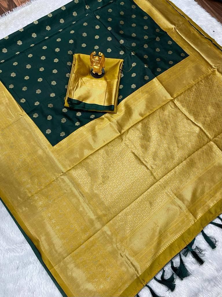 Dark Green Lichi Silk Banarasi Saree With Blouse