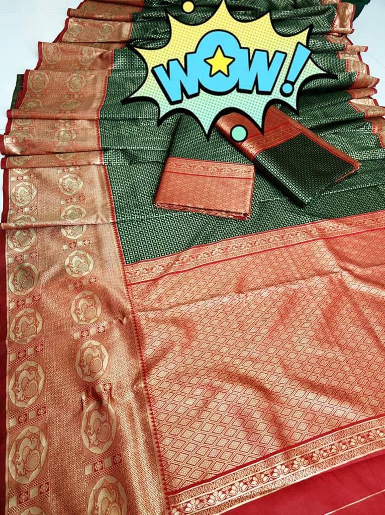 Dark Green Lichi Silk Banarasi Saree