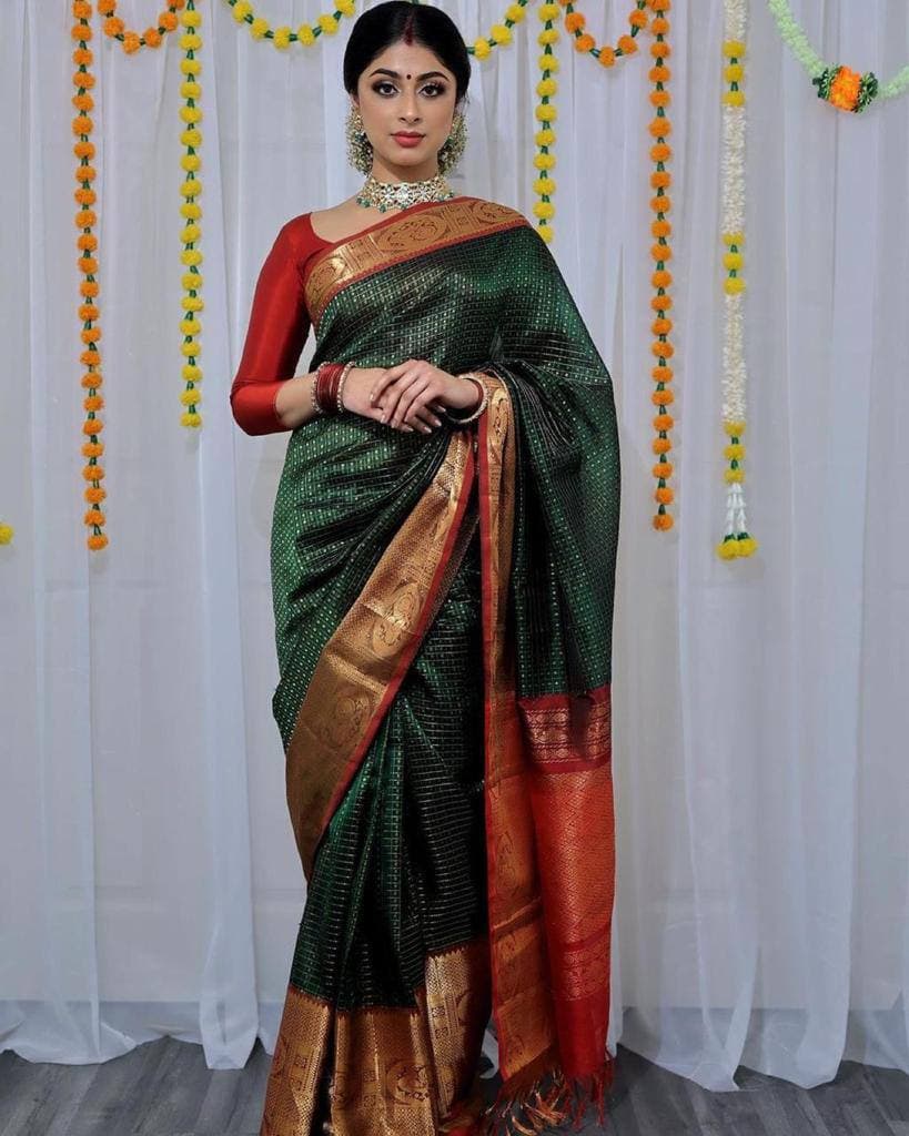 Dark Green Lichi Silk Banarasi Saree