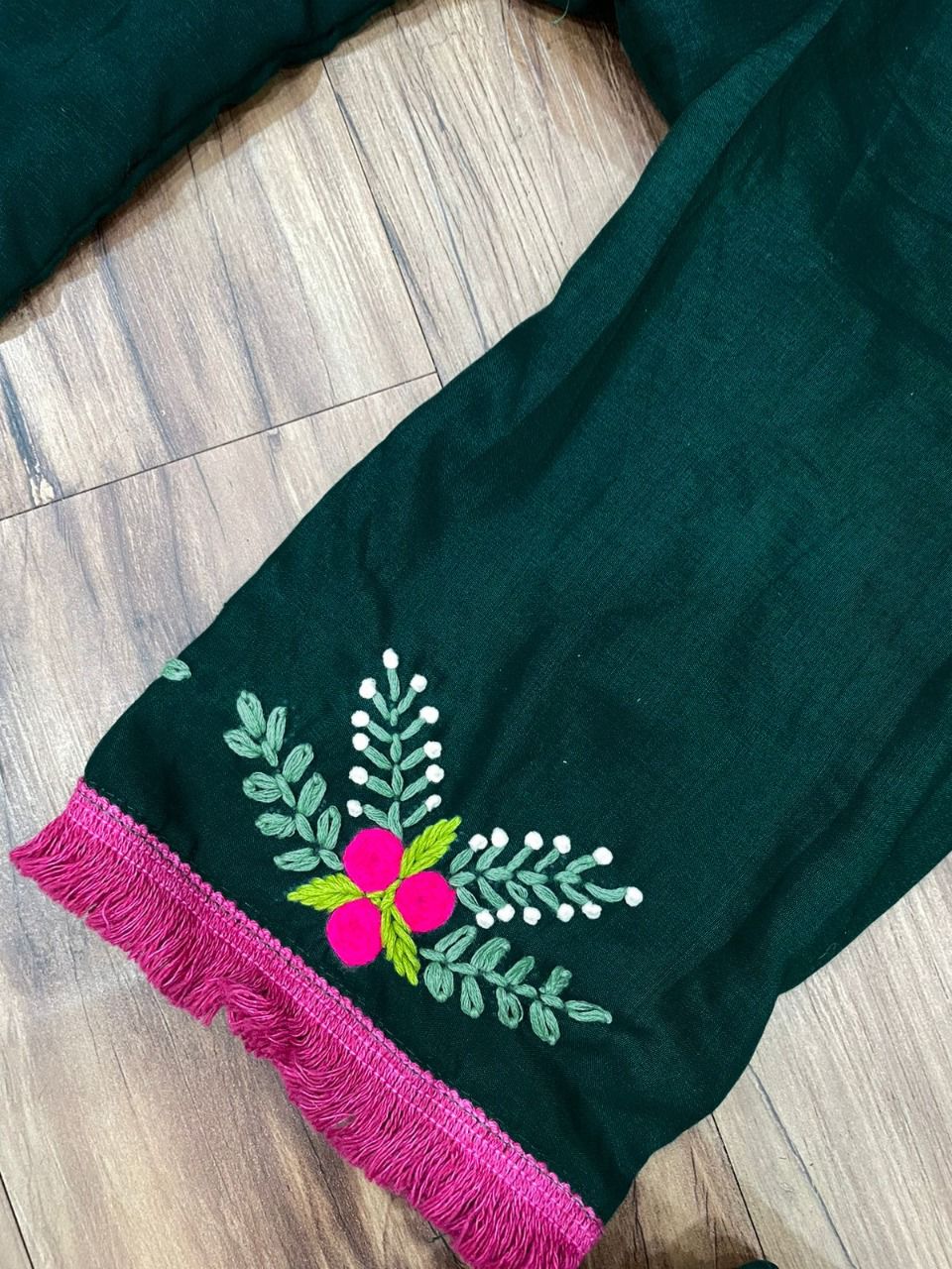 Dark Green Salwar Suit In Muslin Cotton With Hand Work