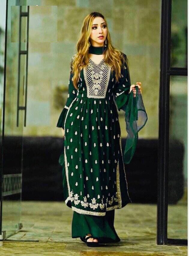 Dark Green Salwar Suit In Fox Georgette With Embroidery Work