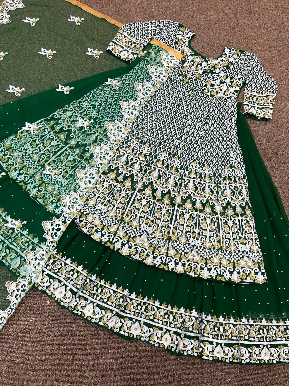 Dark Green Salwar Suit In Heavy Faux Georgette With Embroidery Work