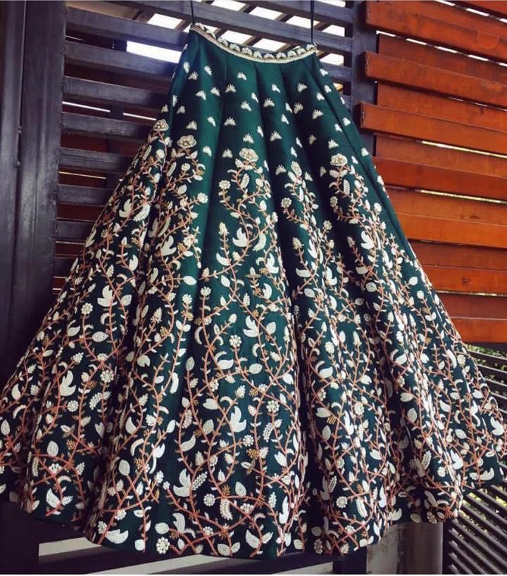 Dark Green Lehenga Choli In Soft Taffeta Silk With Fancy Thread Work