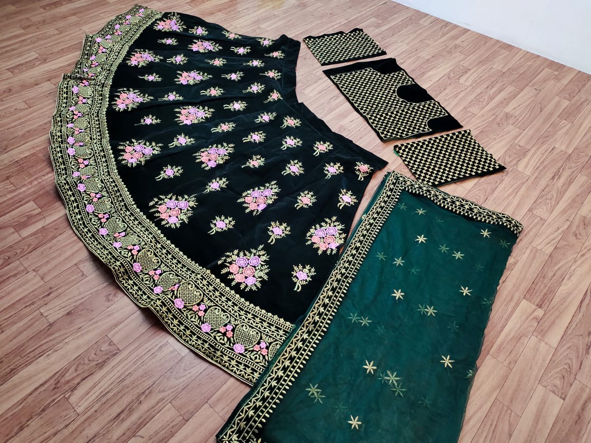 Dark Green Lehenga Choli In Taffeta Velvet With Heavy Embroidery Work