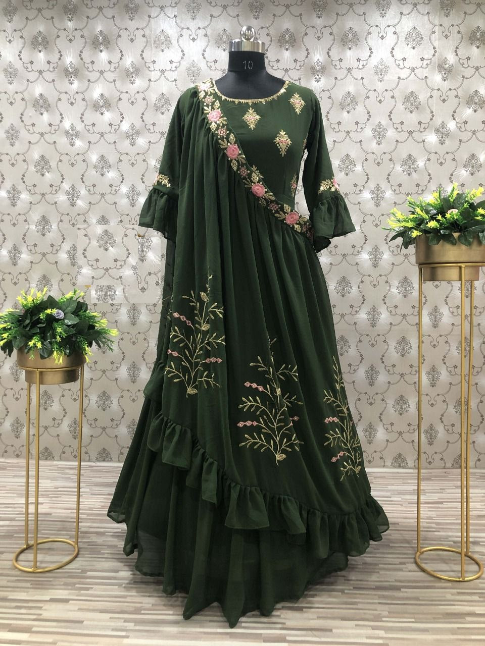 Bottle Green Gown In 60 GM Georgette Silk With Heavy Embroidery Work