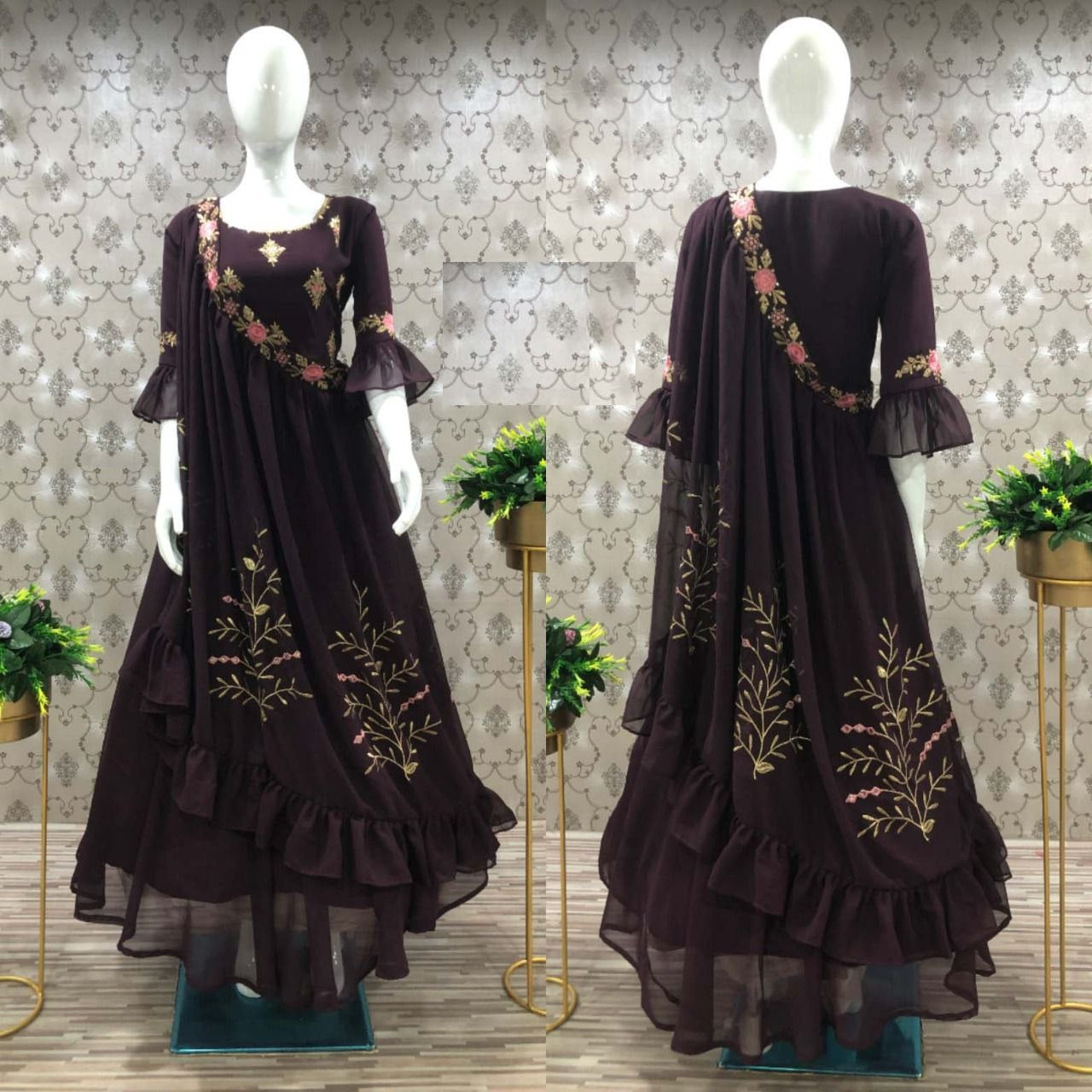 Dark Purple Gown In 60 GM Georgette Silk With Heavy Embroidery Work