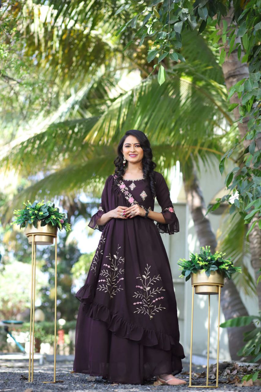 Dark Purple Gown In 60 GM Georgette Silk With Heavy Embroidery Work