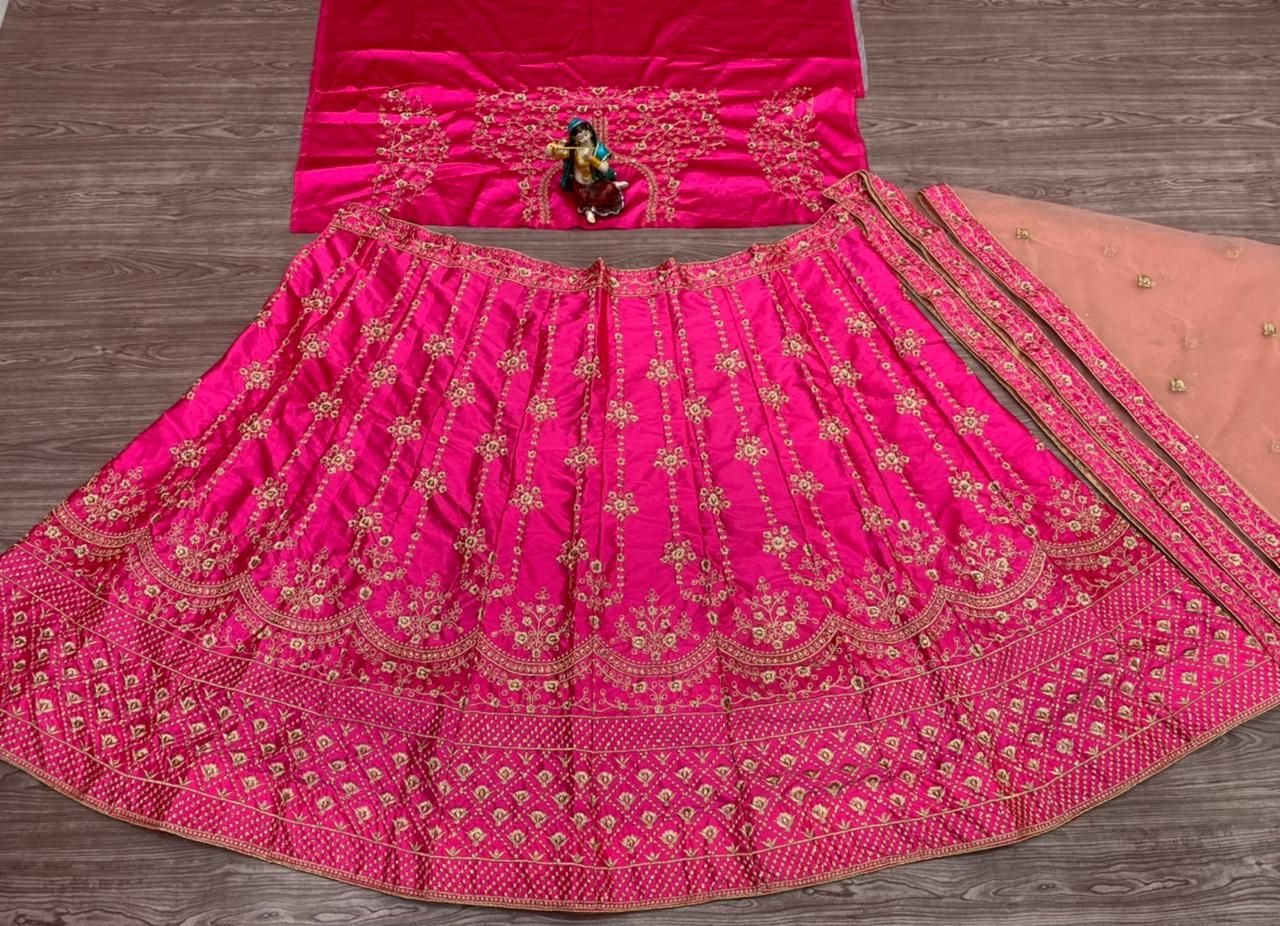 Pink Lehenga Choli In Malai Satin Silk With Embroidery Work