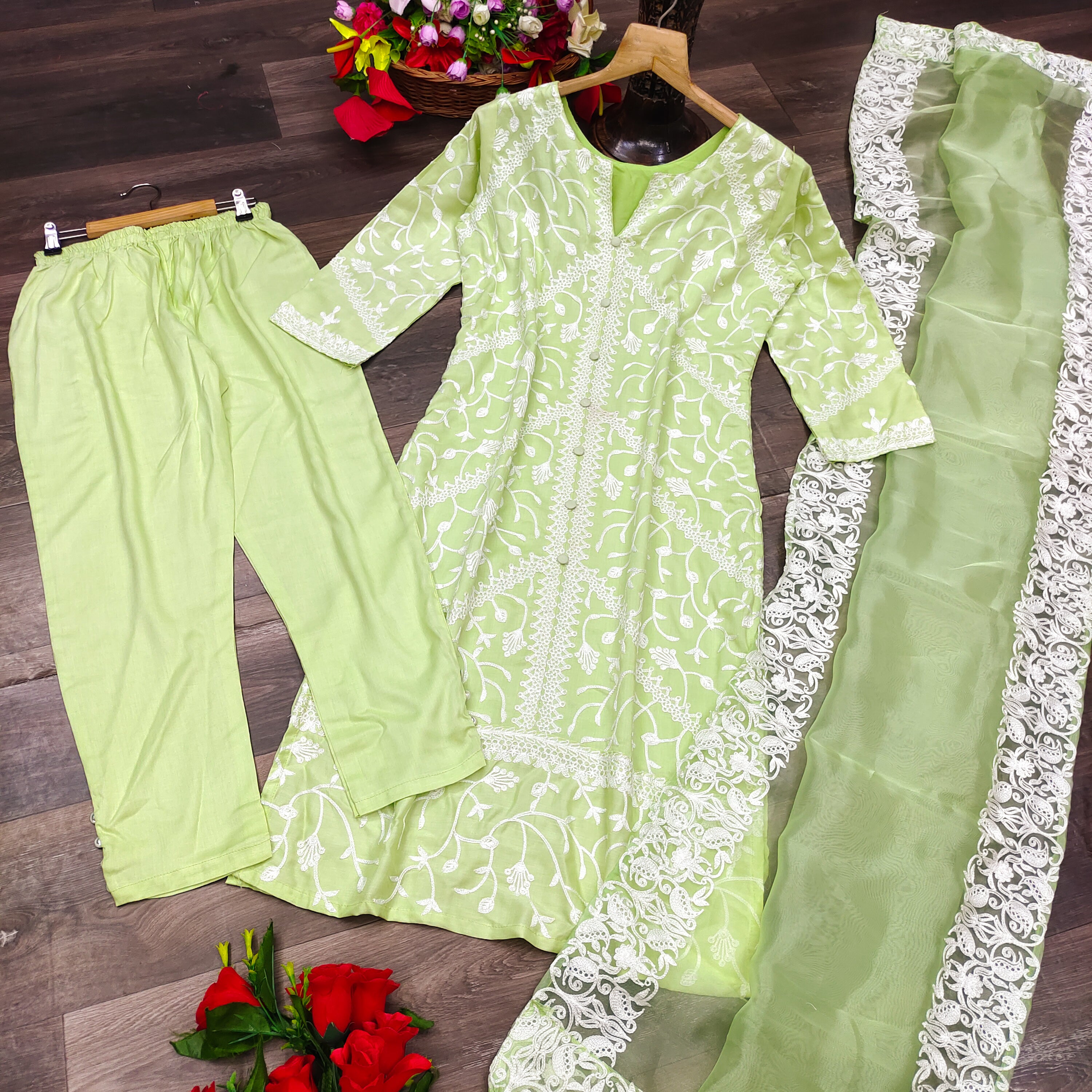Pista Green Salwar Suit In Pure Cotton With Chain Stitched Embroidery Work