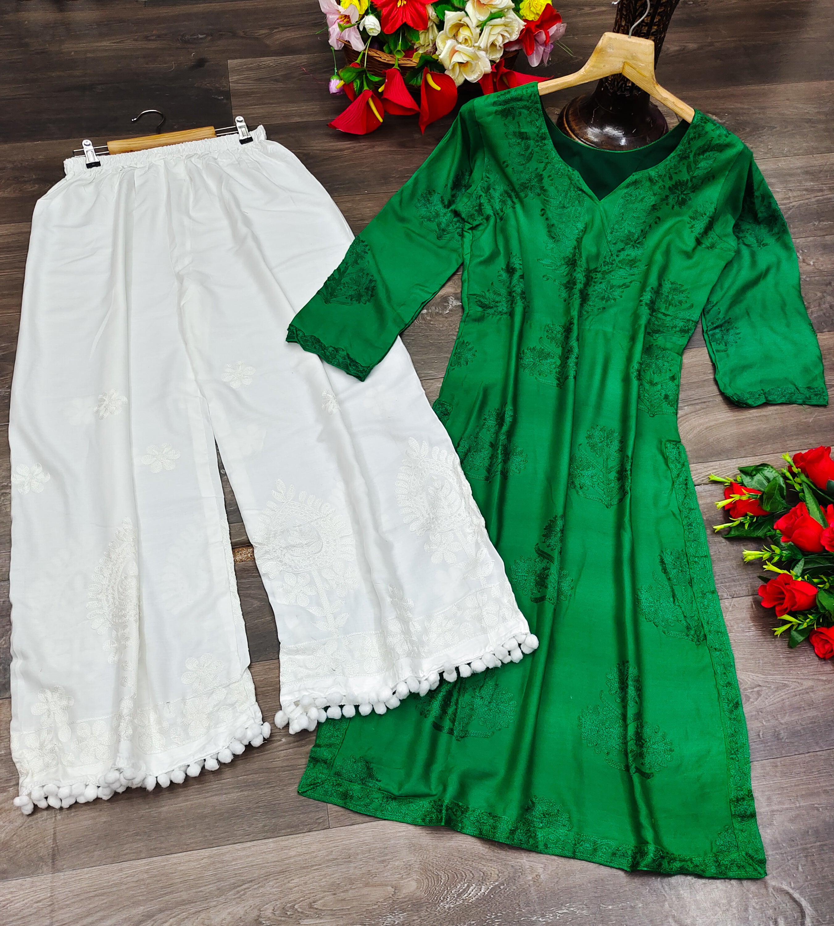 Green Palazzo Suit In Ryon Cotton With Chikankari Embroidery Work