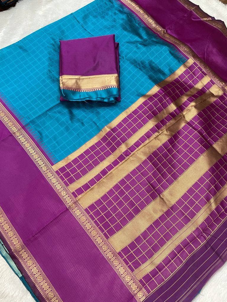 Firozi Lichi Silk Banarasi Saree With Blouse