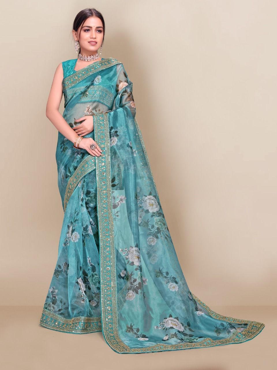 Firozi Saree In Organza Silk With Digital Print