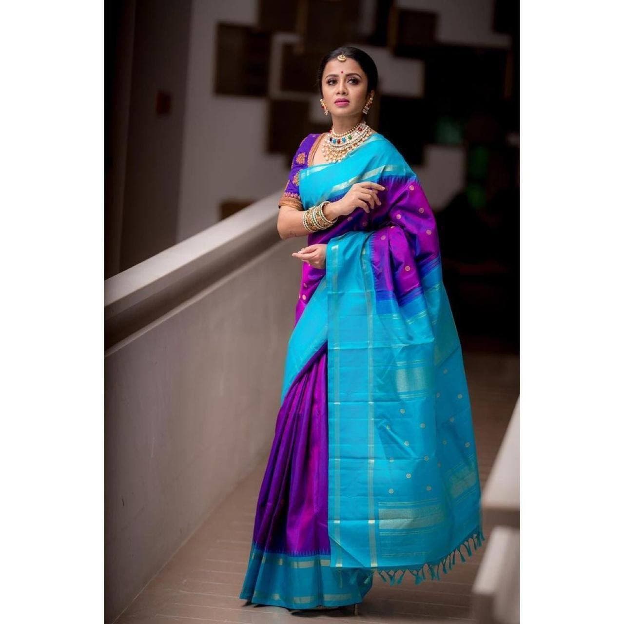 Firozi Purple Lichi Silk Banarasi Saree With Blouse