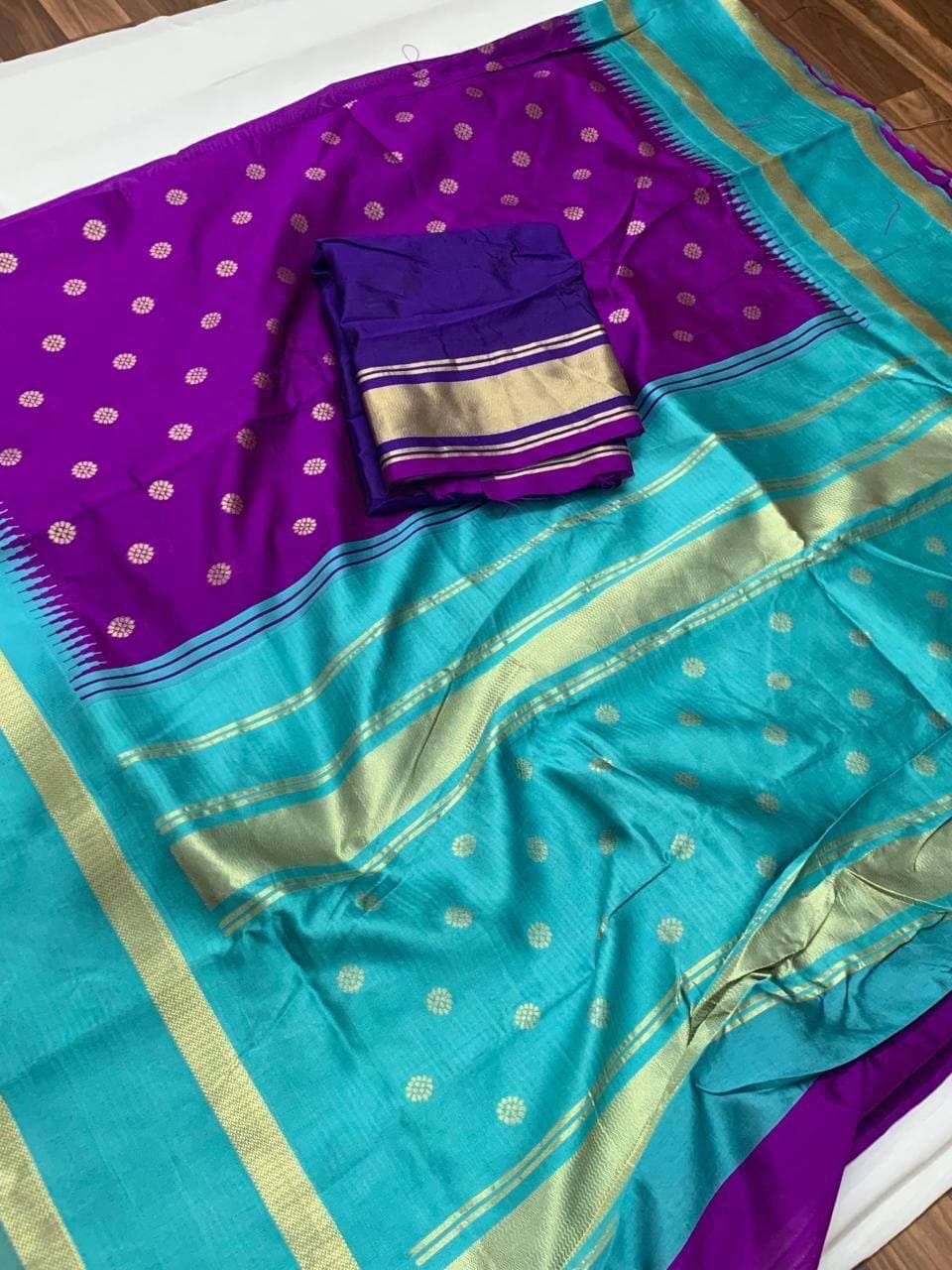 Firozi Purple Lichi Silk Banarasi Saree With Blouse