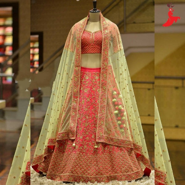 Red Lehenga In Malai Satin Silk With Embroidery Work