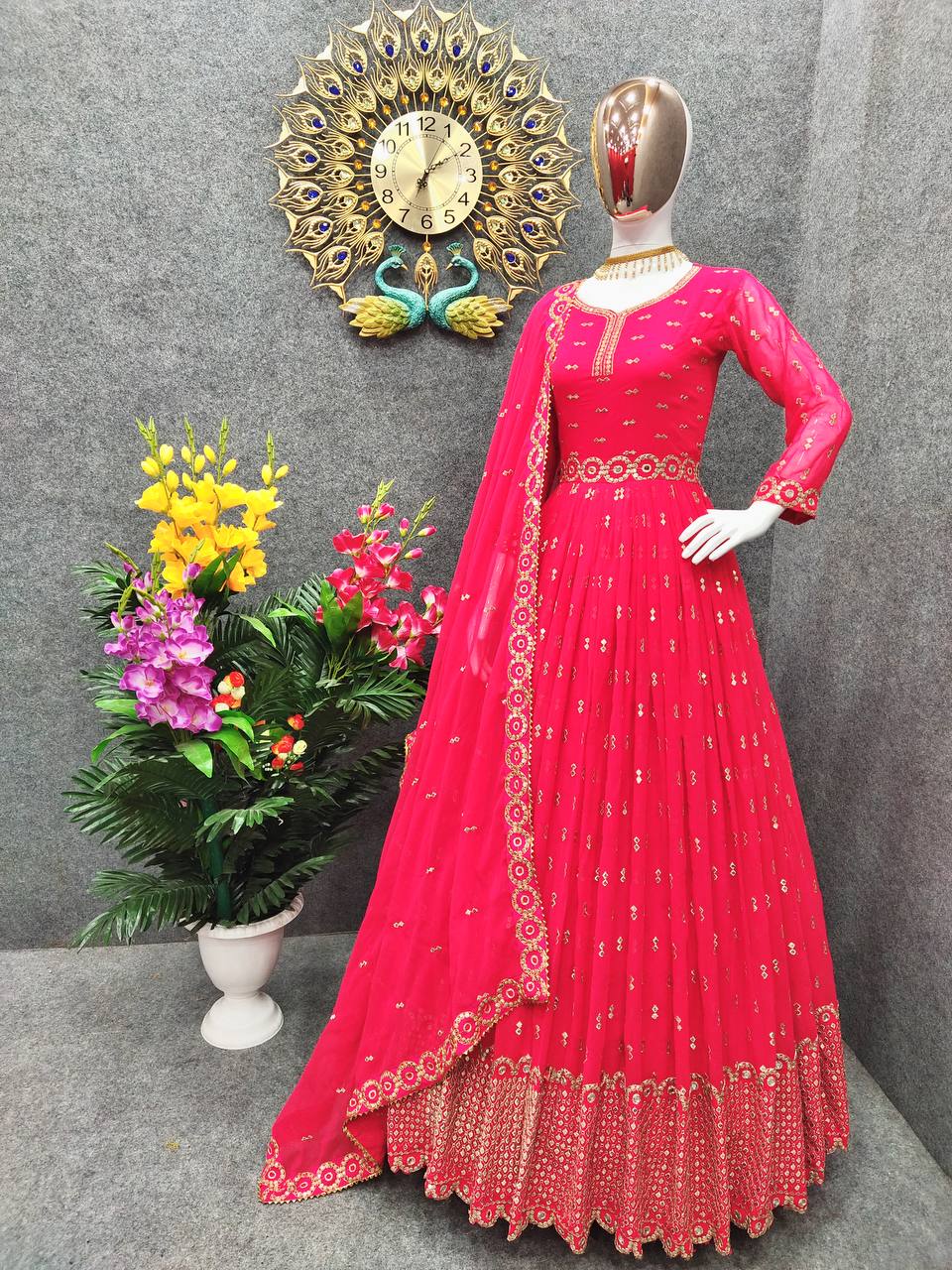 Gajri Anarkali Suit In Fox Georgette With Embroidery Work