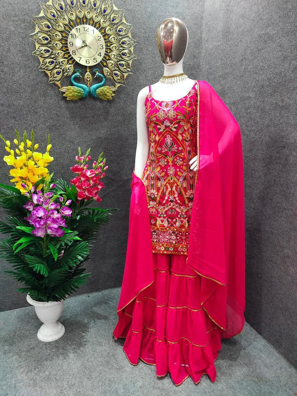 Gajri Sharara Suit In Fox Georgette With Embroidery Work