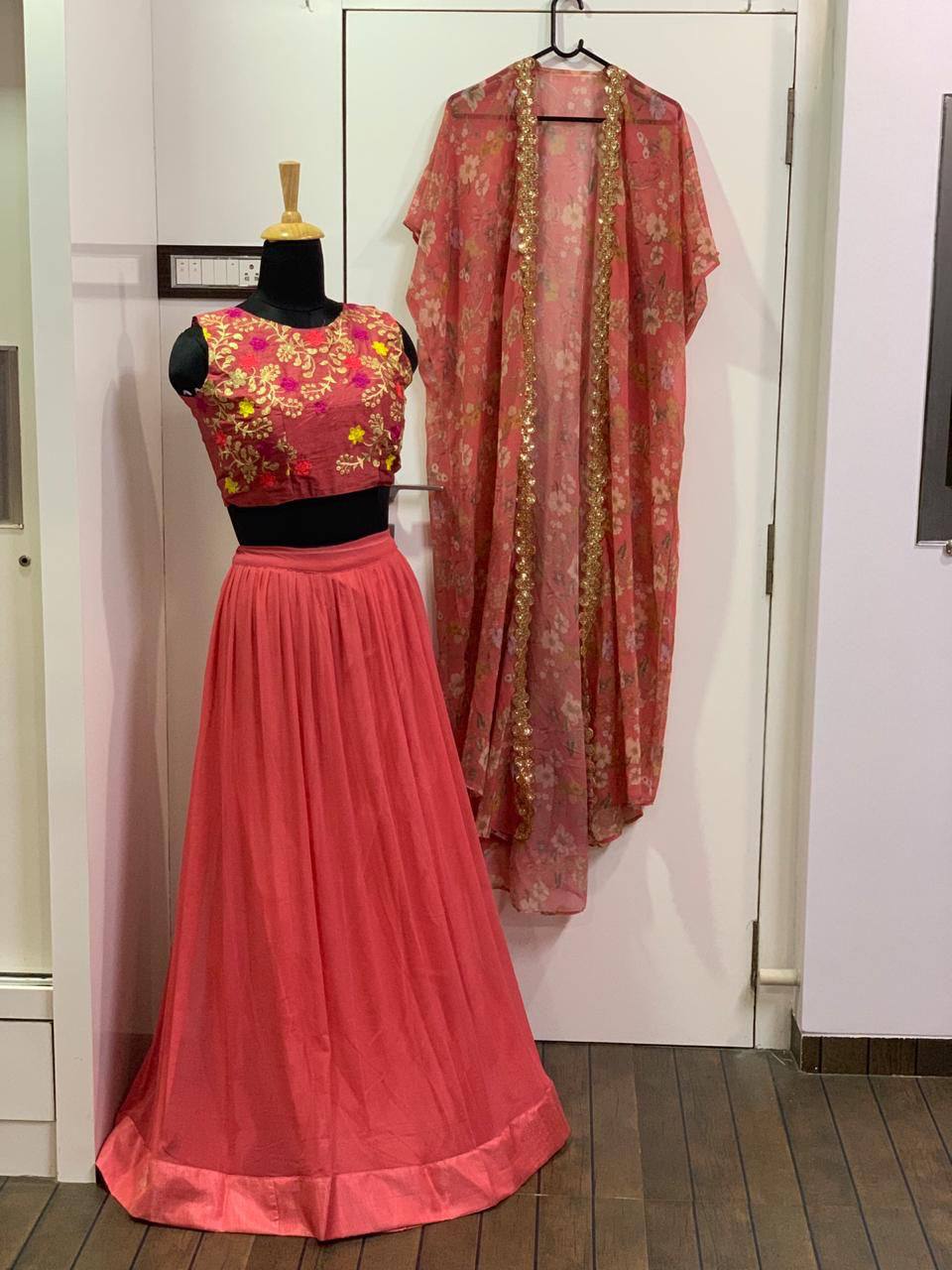 Gajri Lehenga Choli In Georgette Silk With Plain