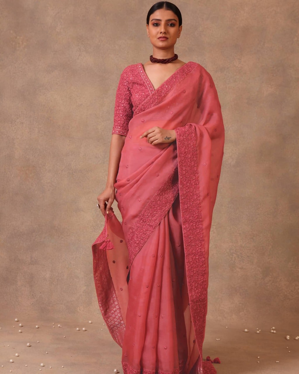 Gajri Saree In Georgette Silk With Thread Work