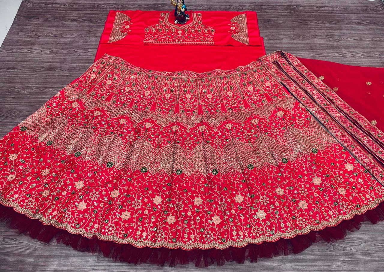 Gajri Lehenga Choli In Malai Silk With Embroidery Work