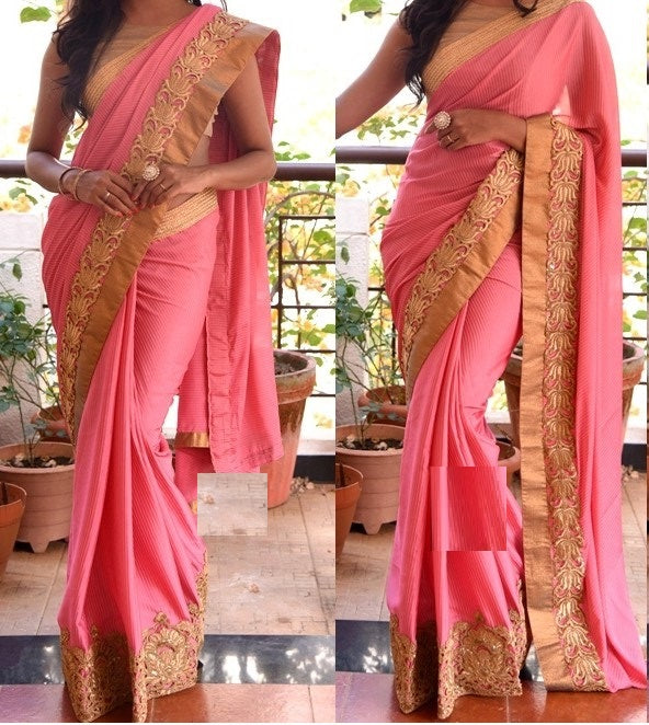 Gajri Pink Saree In Raw Silk Pure With Fancy Thread Work