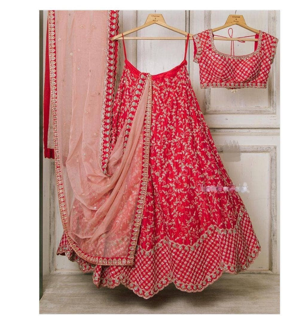 Gajri Red Lehenga Choli In Heavy Ketogenic Taffeta Silk With Embroidery Work