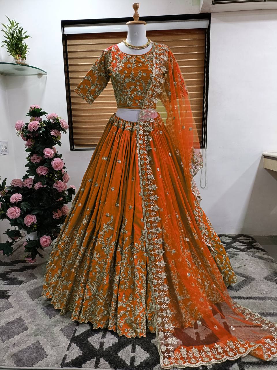 Ginger Orange Lehenga Choli In Taffeta Silk With Embroidery Work