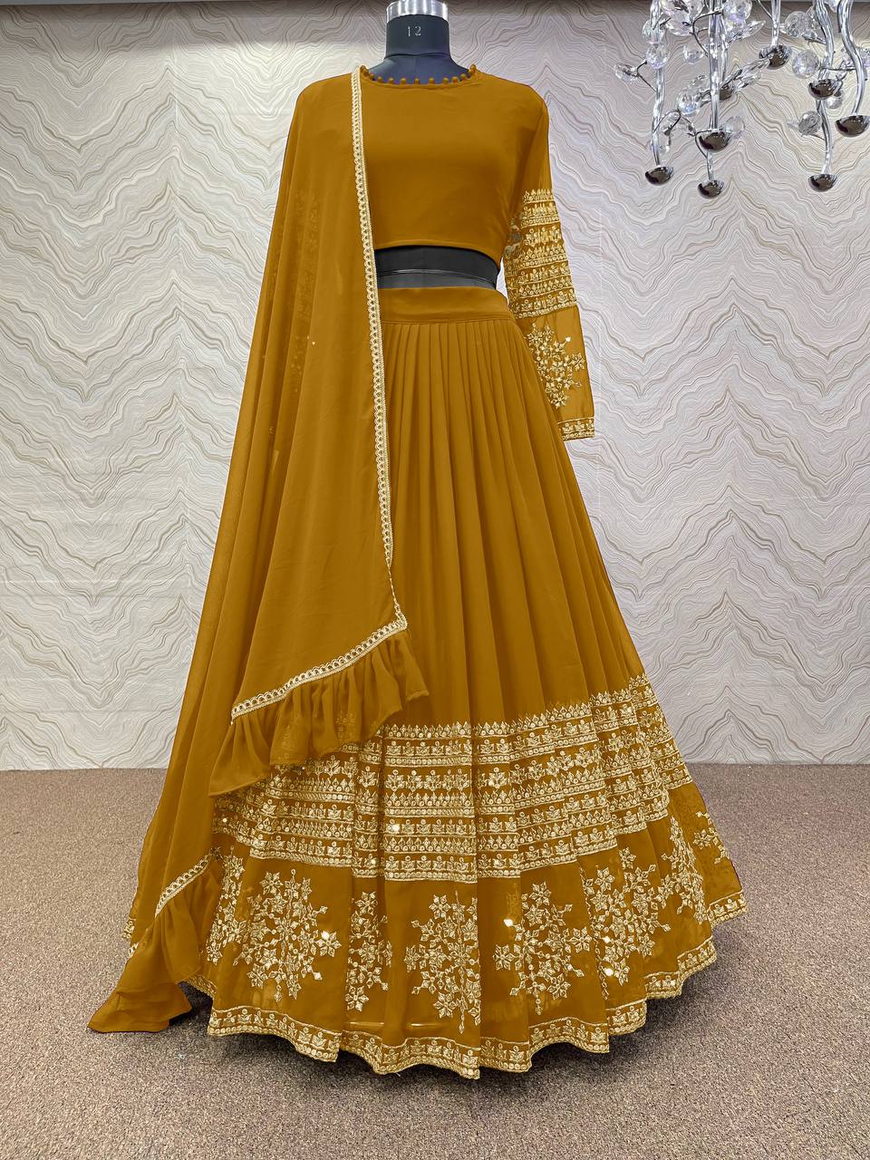 Golden Lehenga Choli In Fox Georgette With Embroidery Work