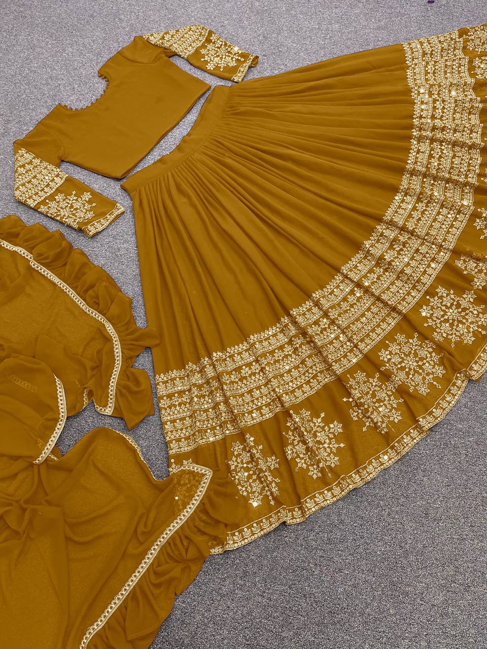 Golden Lehenga Choli In Fox Georgette With Embroidery Work