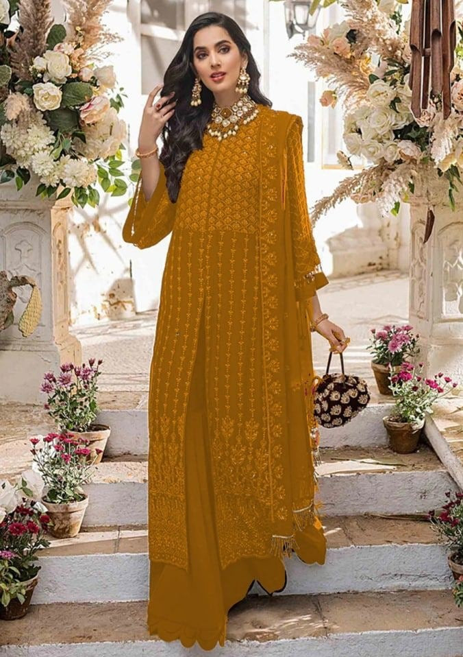 Golden Salwar Suit In Georgette Silk With Embroidery Work