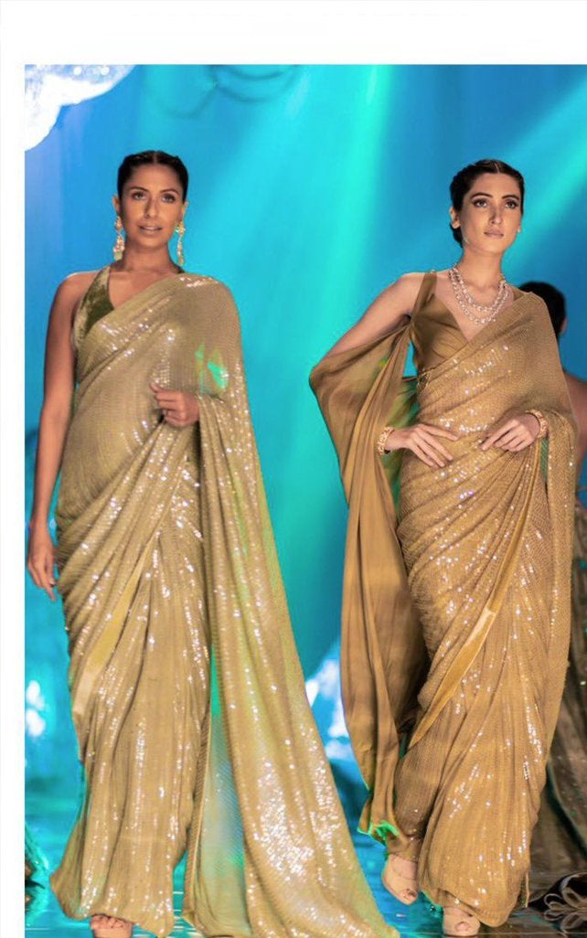 Golden Saree In Georgette Bember With Sequence Work