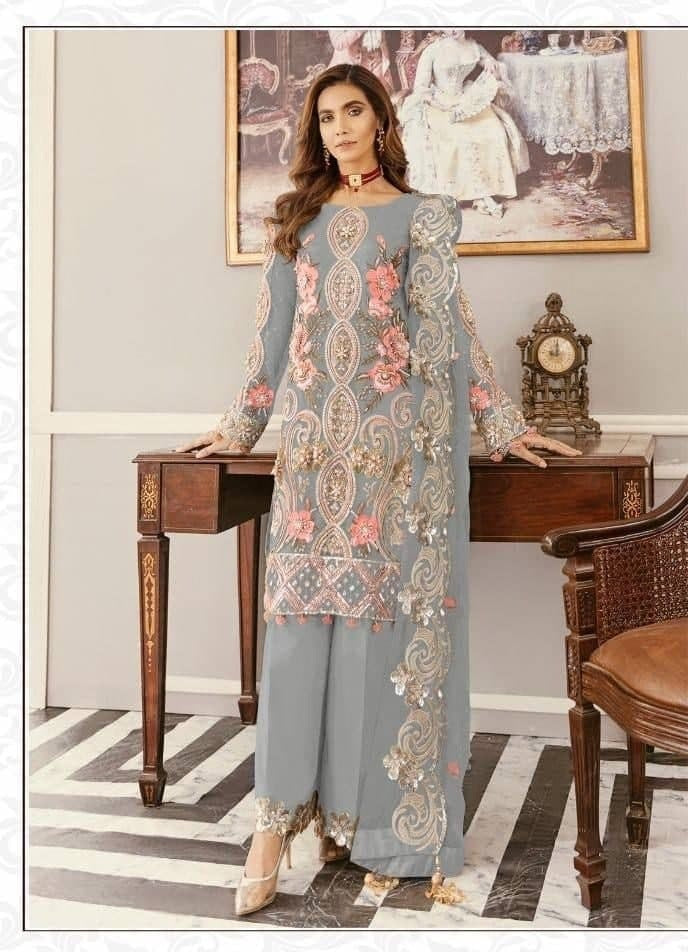 Gray Palazzo Suit In Nylon Mono Net With Embroidery Work