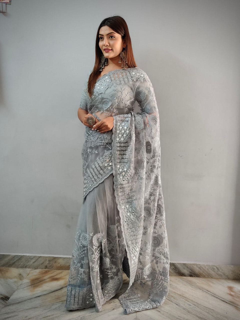 Gray Butterfly Mono Net Diamond Work Saree