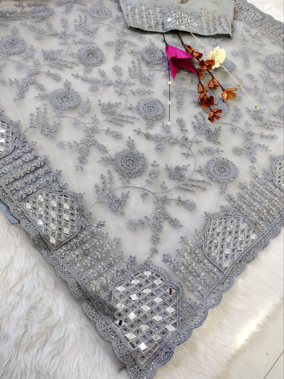 Gray Butterfly Mono Net Diamond Work Saree