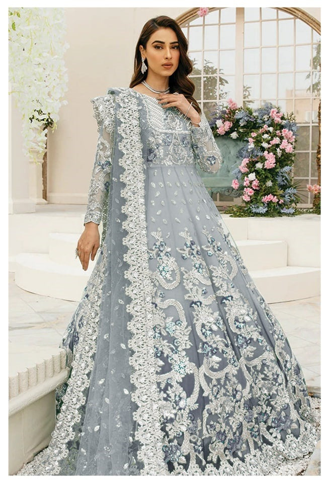 Gray Anarkali Suit In Butterfly Mono Net With Embroidery Work