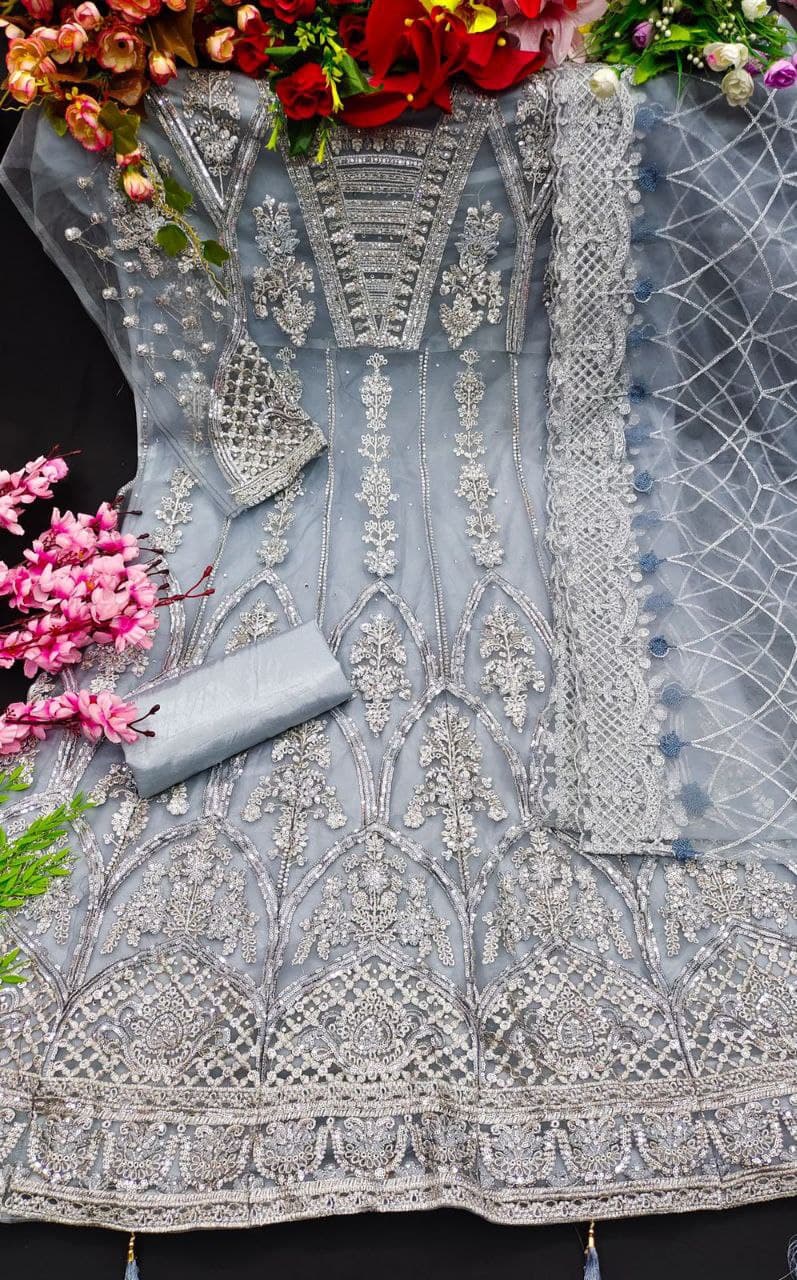 Gray Gown In Butterfly Mono Net With Embroidery Work