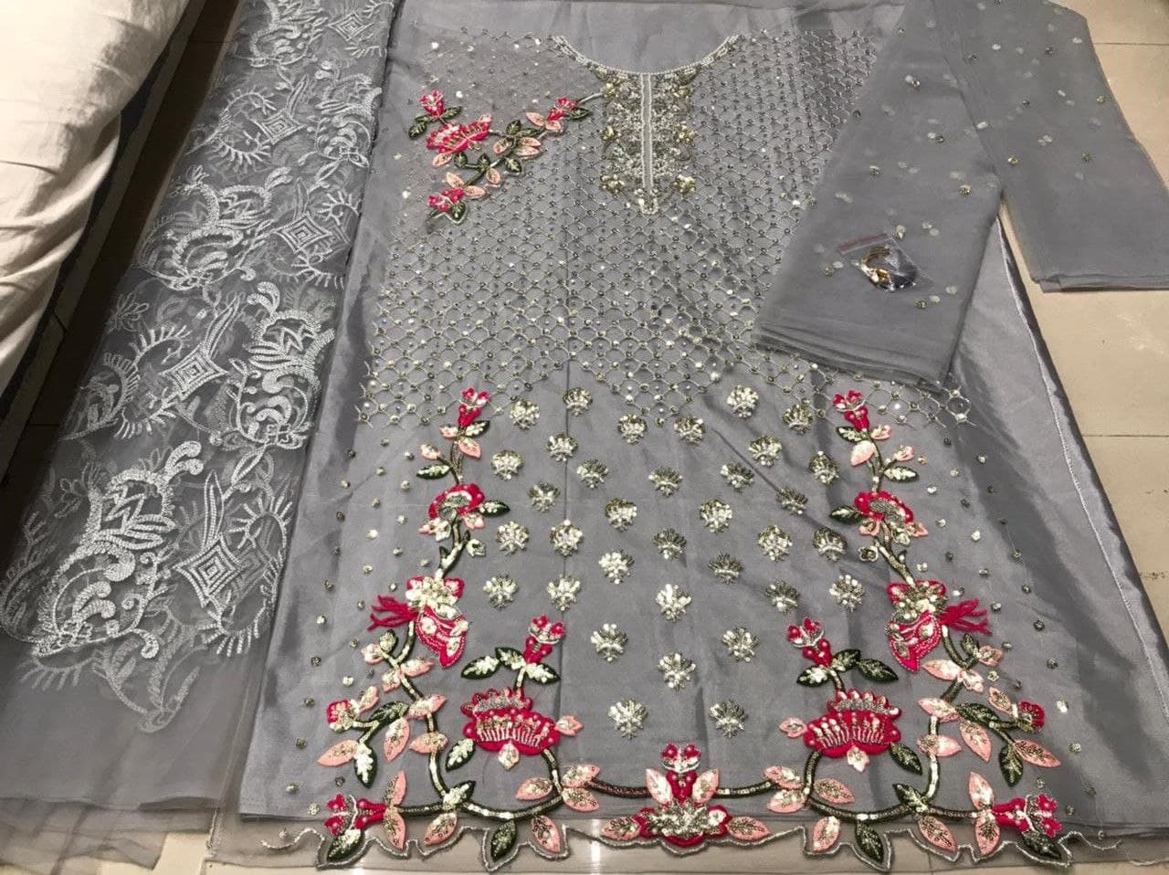 Gray Sharara Suit In Butterfly Mono Net With Embroidery Work