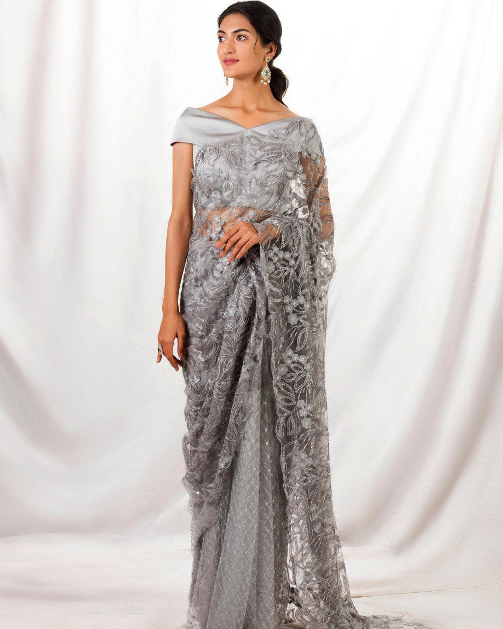 Gray Saree In Butterfly Mono Net With Sequence Work