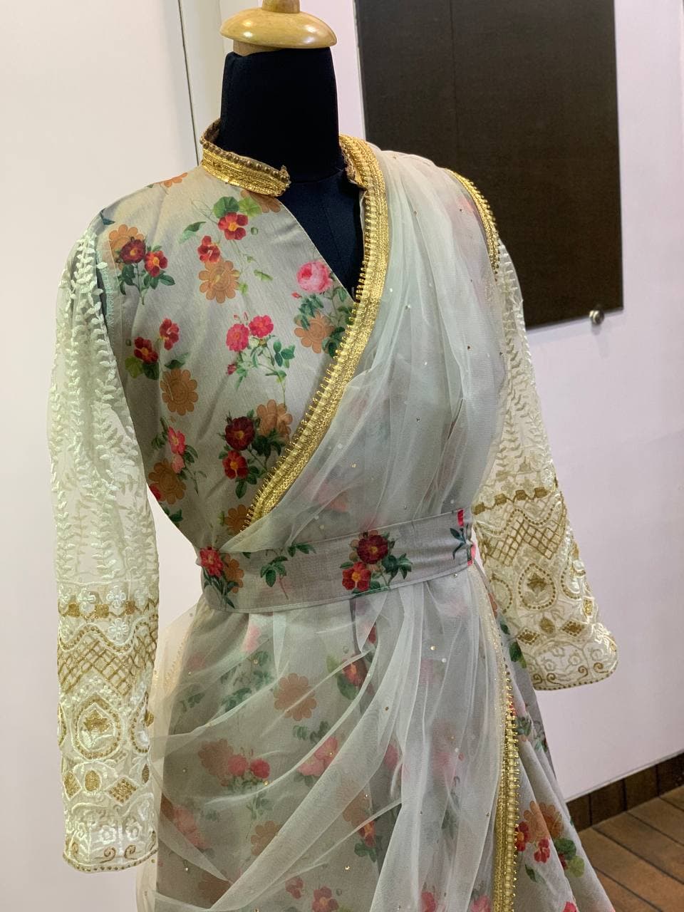 Gray Gown In Chanderi Silk With Thread Work