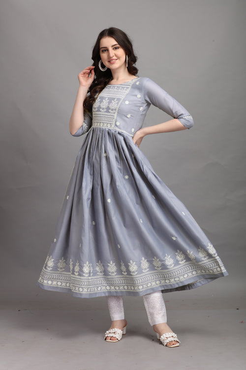 Gray Cotton Thread Embroidery Work Gown