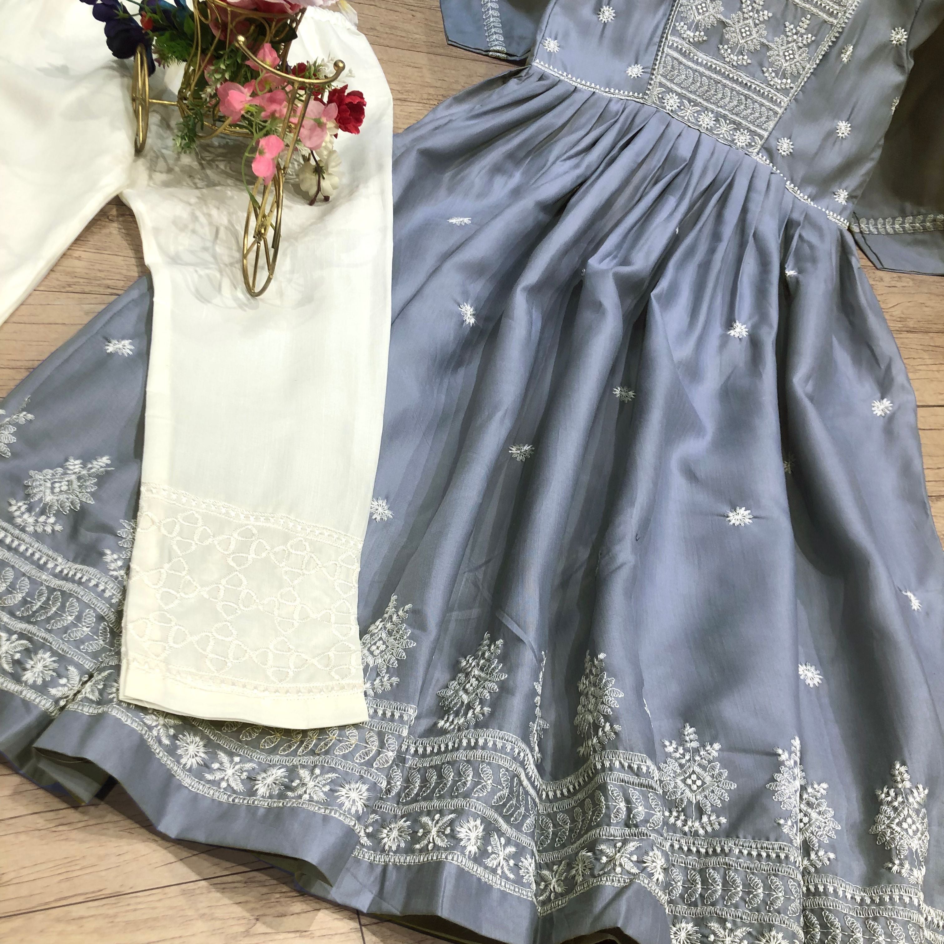 Gray Cotton Thread Embroidery Work Gown