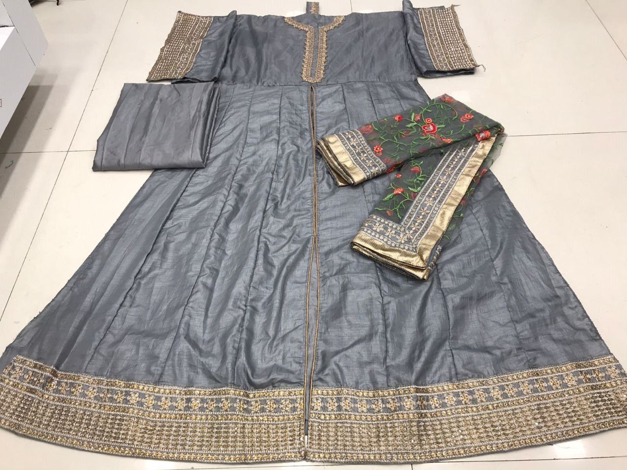 Gray Anarkali Suit In Dola Silk With Embroidery Work