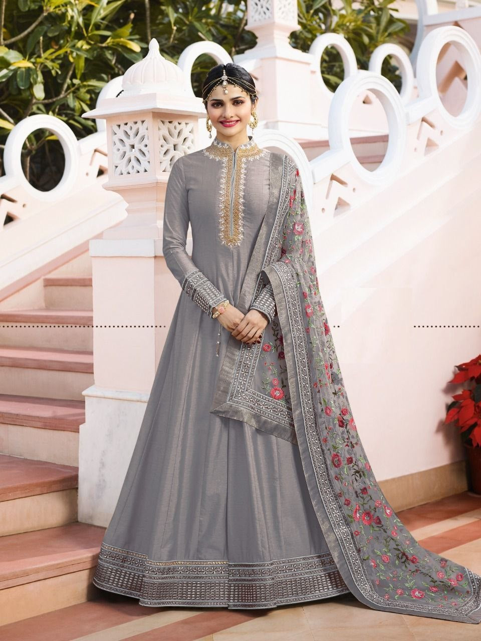 Gray Anarkali Suit In Dola Silk With Embroidery Work