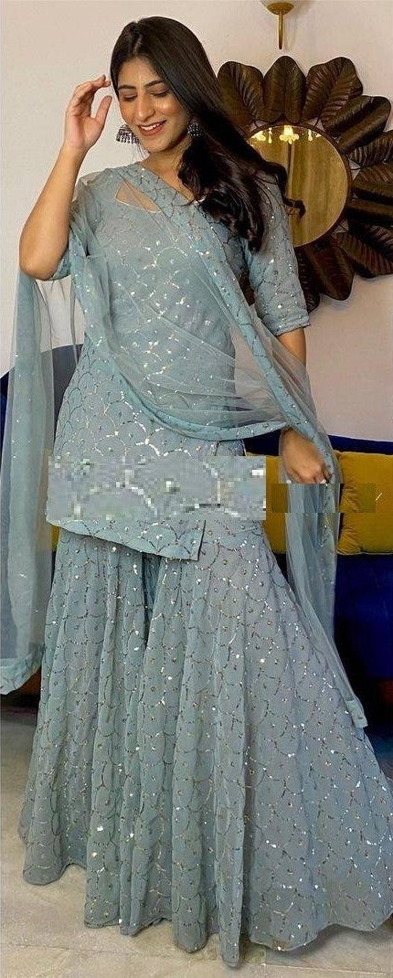 Gray Salwar Suit In Faux Georgette With Heavy Embroidery Work